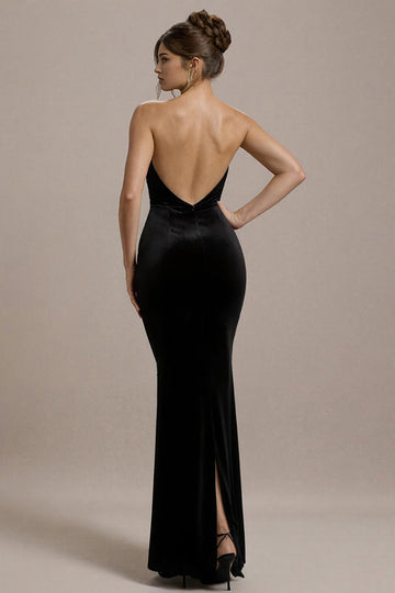 Black Mermaid Strapless Velvet Long Evening Dress